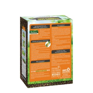 Compo SAAT® Trocken-Rasen 1kg Packung, Rückseite mit Anwendungs- und Produktdetails.