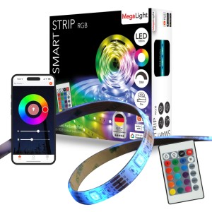 MegaLight Smart LED Strip 5m RGB, leuchtend, mit Fernbedienung und Tuya App-Steuerung.