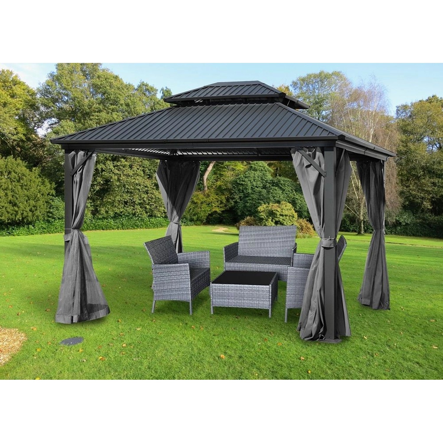 Jet-Line Gartenpavillon Bagdad mit Metalldach und Vorhängen in Anthrazit. Inklusive Sitzgruppe.