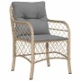 Beige 3-tlg. Garten Essgruppe aus Poly Rattan mit grauen Kissen.