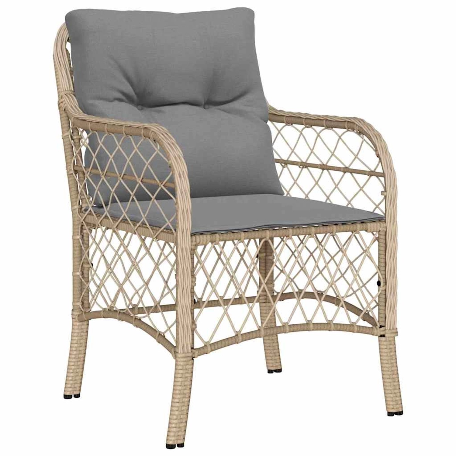 Beige 3-tlg. Garten Essgruppe aus Poly Rattan mit grauen Kissen.