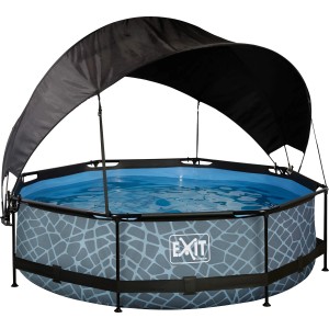 Grauer EXIT Stone Pool ø 300 cm mit Sonnensegel und Filterpumpe.