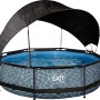 Grauer EXIT Stone Pool ø 300 cm mit Sonnensegel und Filterpumpe.