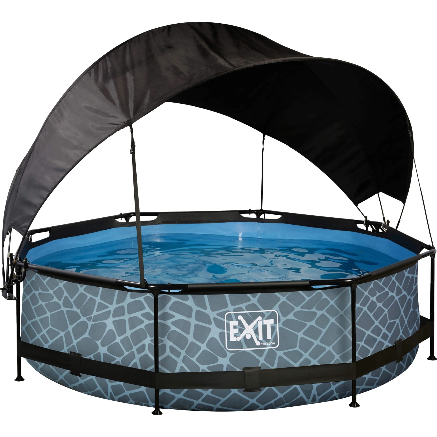Grauer EXIT Stone Pool ø 300 cm mit Sonnensegel und Filterpumpe.