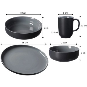 Ritzenhoff & Breker Jasper Kombiservice, 16-teilig, schwarz, bestehend aus Teller, Schalen und Becher mit Maßangaben.