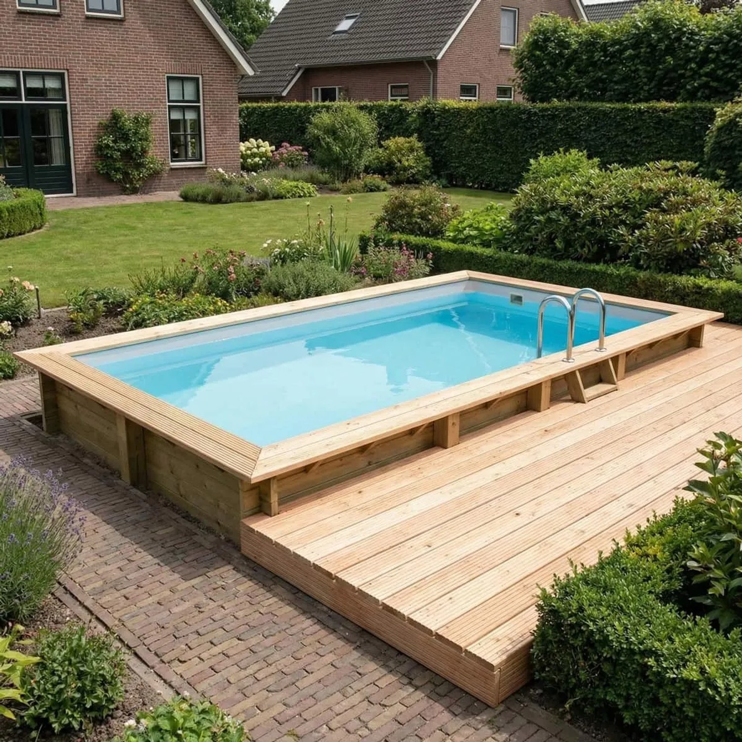 Rechteckiger Holz-Gartenpool ALTANKA Aqua 7x3,75m mit Holzdeck und blauer Wasserfläche.