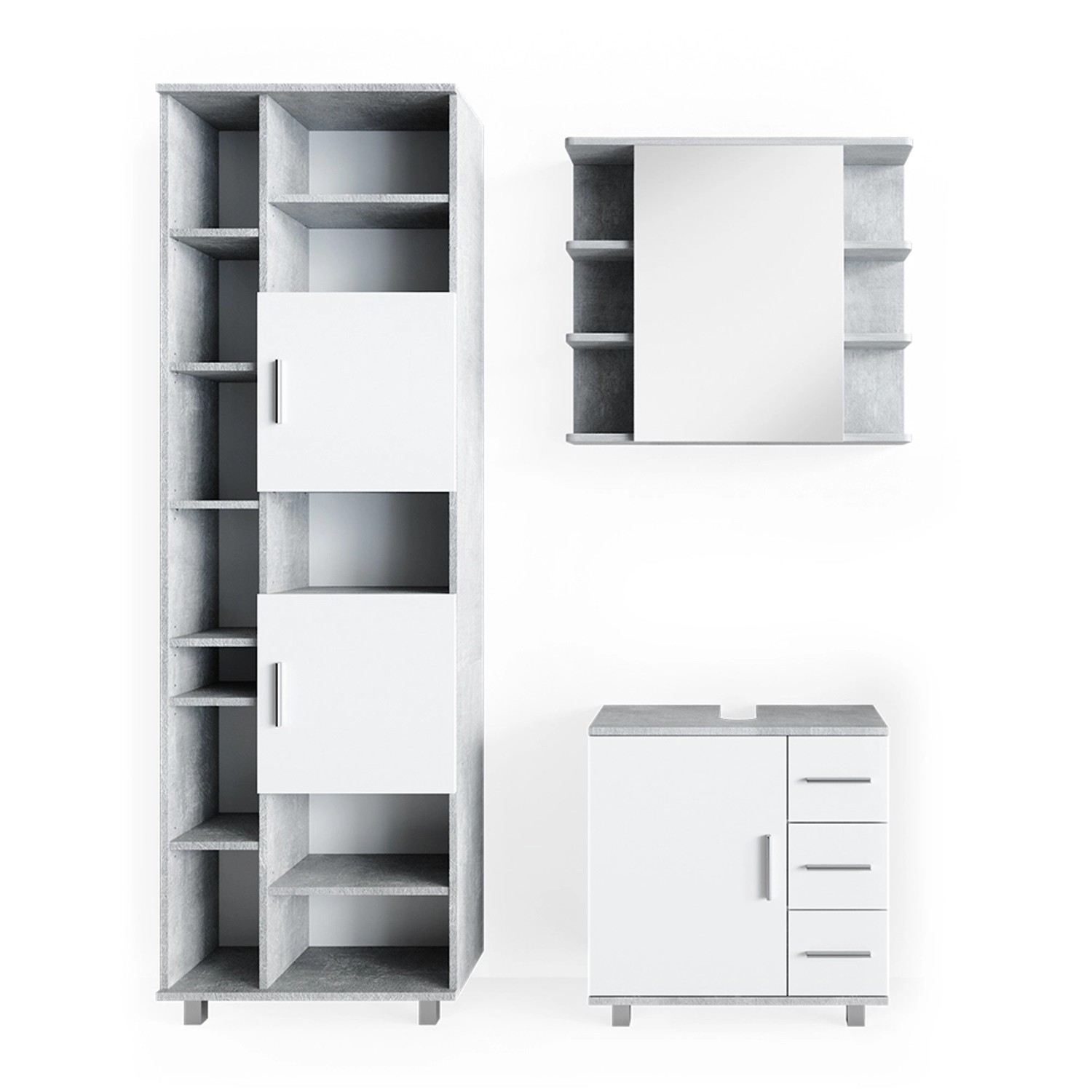 Vicco Badmöbel-Set Ilias Beton/Weiß 3 Teile mit Hochschrank günstig online kaufen