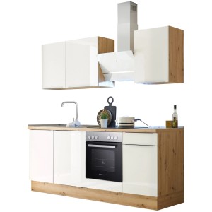 Respekta Küchenzeile Marleen 220 cm in Artisan-Eiche und Weiß Hochglanz mit E-Geräten.