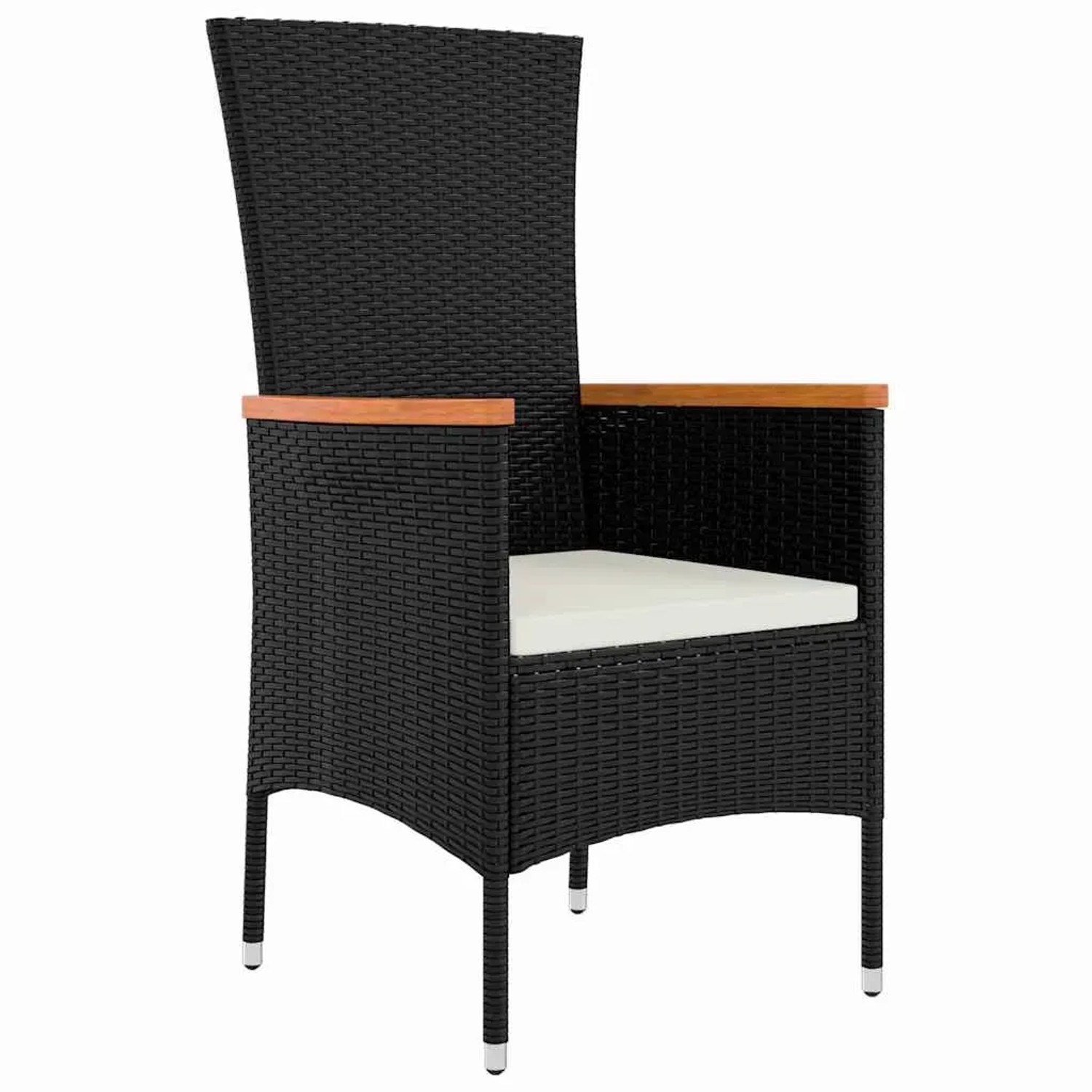 Schwarzer vidaXL Gartenstuhl aus Polyrattan mit Akazienholz-Armlehnen und Sitzkissen.