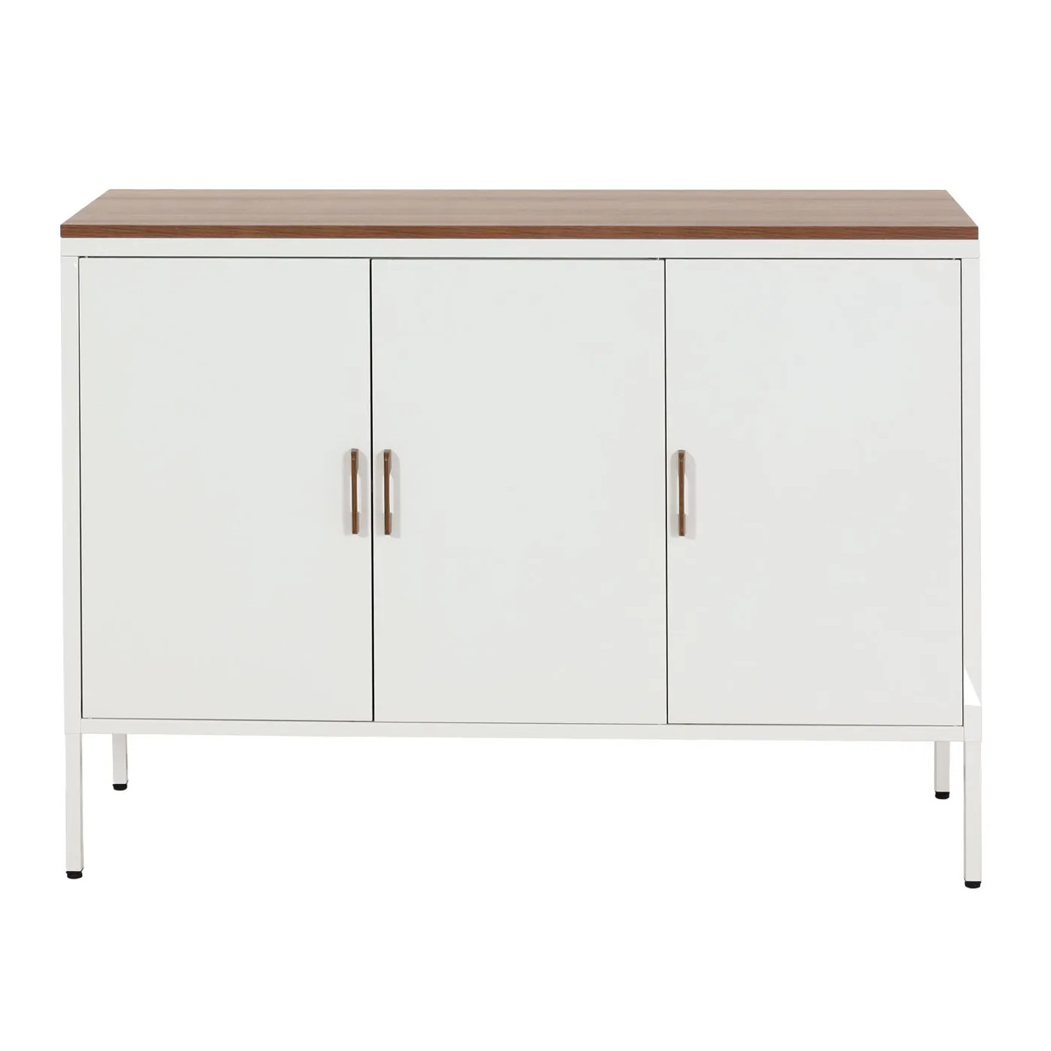 Weiße MCW Kommode L84-3 mit drei Türen, Holzplatte und Metallgestell. Schubladenkommode für Stauraum.