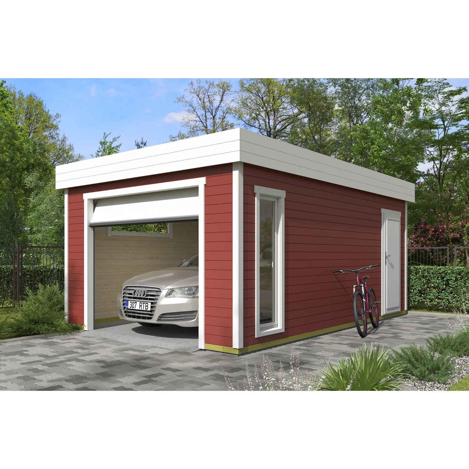 Lasita Garage Bahamas 2 mit Sektionaltor 360 cm x 540 cm Schwedenrot