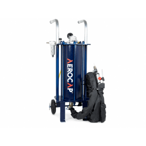 Blaues AEROCAP 801 Sandstrahlgerät Set auf Rollen mit Schläuchen und Manometer für Renovierung.