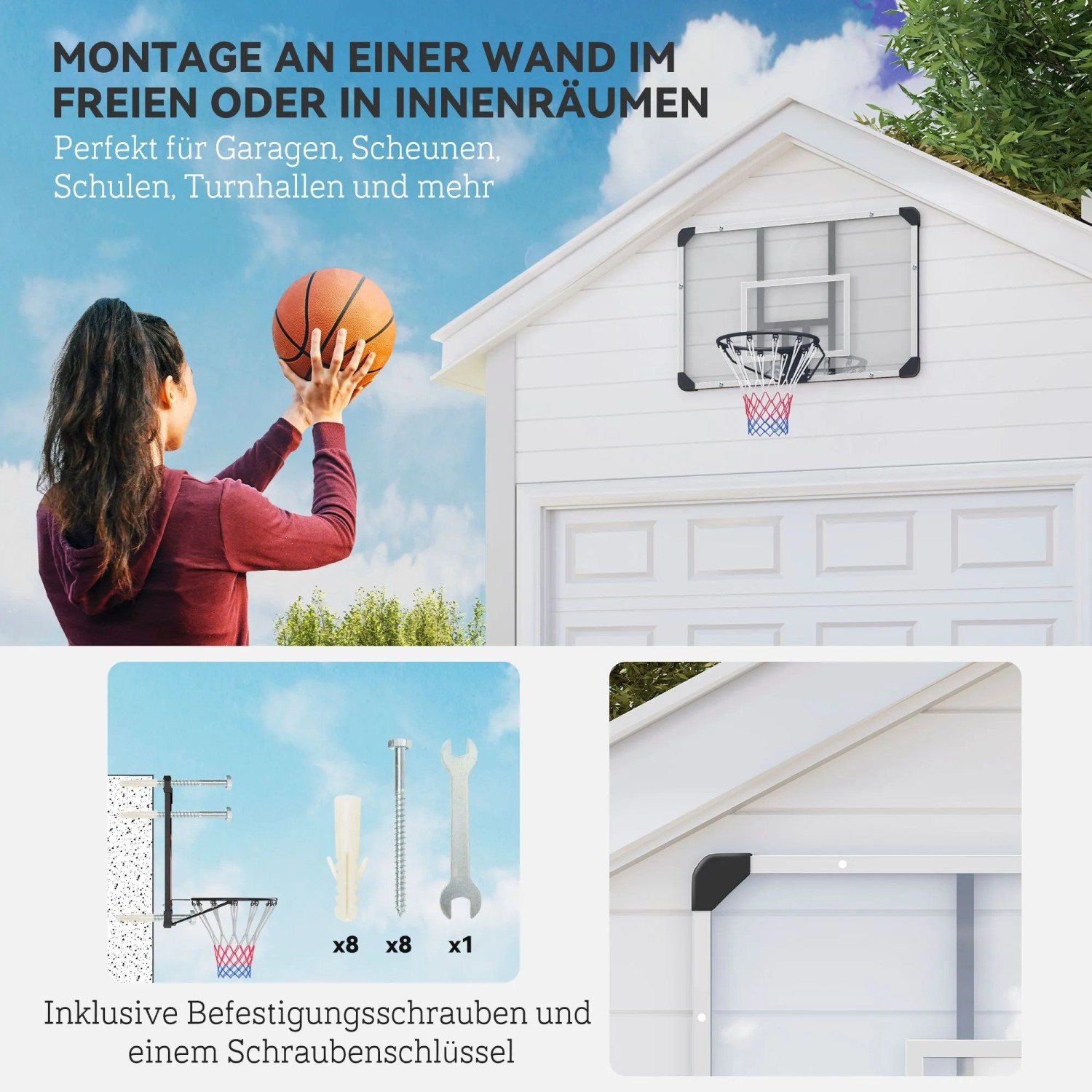 SPORTNOW Basketballkorb aus Stahl, transparente Rückwand an weißer Wand, Frau spielt. Inkl. Montagematerial.