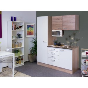 Flex-Well Singleküche 150 cm, Weiß und Sonoma Eiche Dekor mit Mikrowelle und Spüle.
