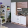 Flex-Well Singleküche 150 cm, Weiß und Sonoma Eiche Dekor mit Mikrowelle und Spüle.