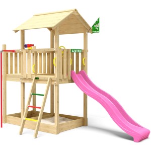 Jungle Gym Spielturm Marvel mit Rutsche Fuchsia, Rutschstange, Leiter und Sandkasten.