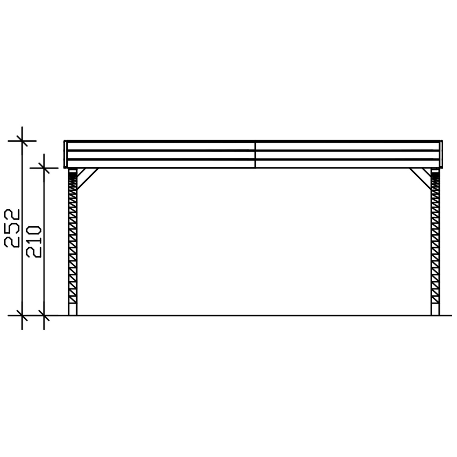 Technische Seitenansicht Skan Holz Flachdach-Carport Friesland, schiefergrau, mit Maßen 252 und 210 cm.