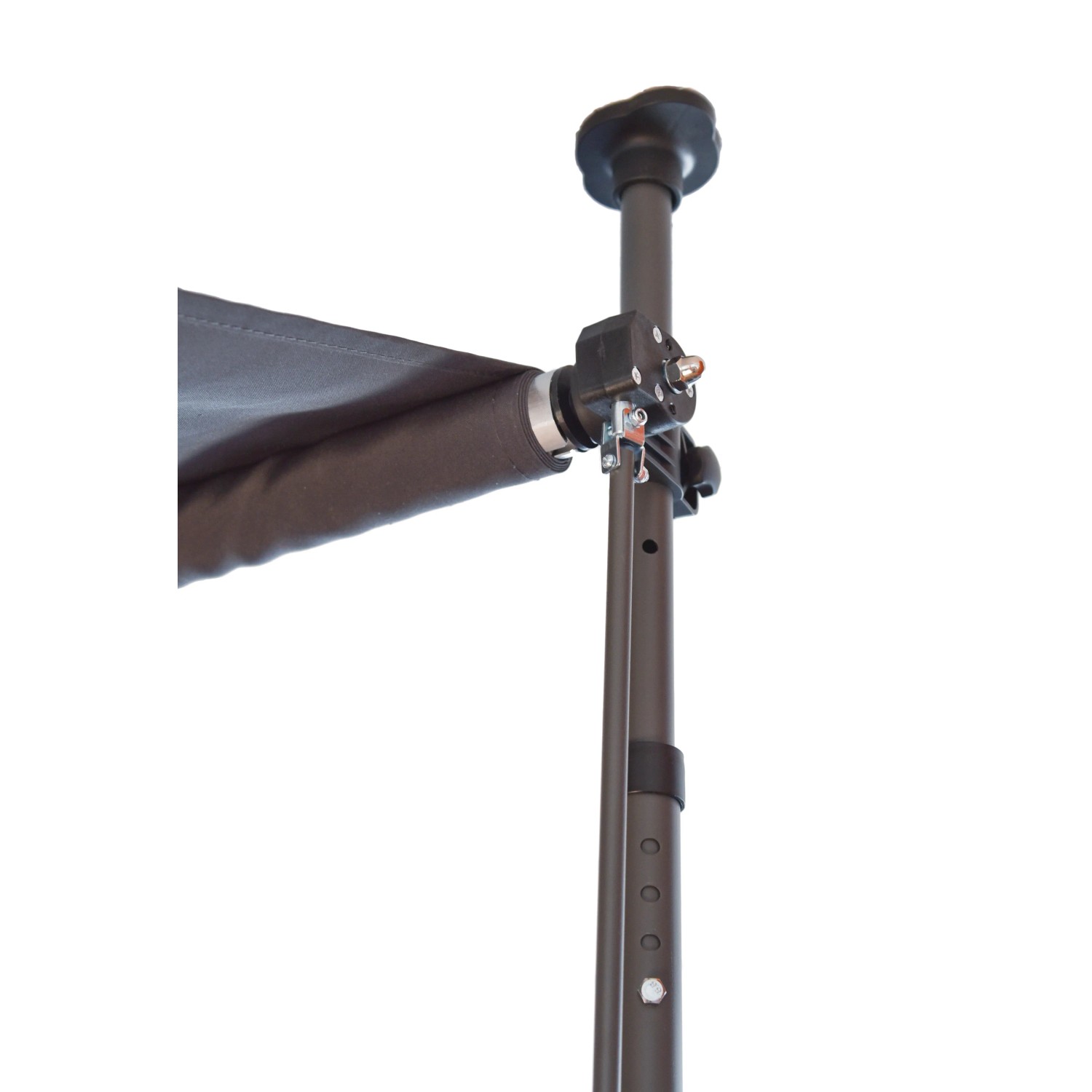 Detailansicht der anthrazitfarbenen Garden Pleasure Klemmmarkise mit verstellbarer Teleskopstange.