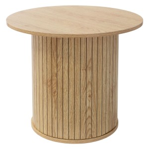 Runder Couchtisch in Holz-Optik Braun, Ø60 cm, mit zylindrischem Fuß und vertikalen Rillen. Modernes Design für Wohnzimmer.