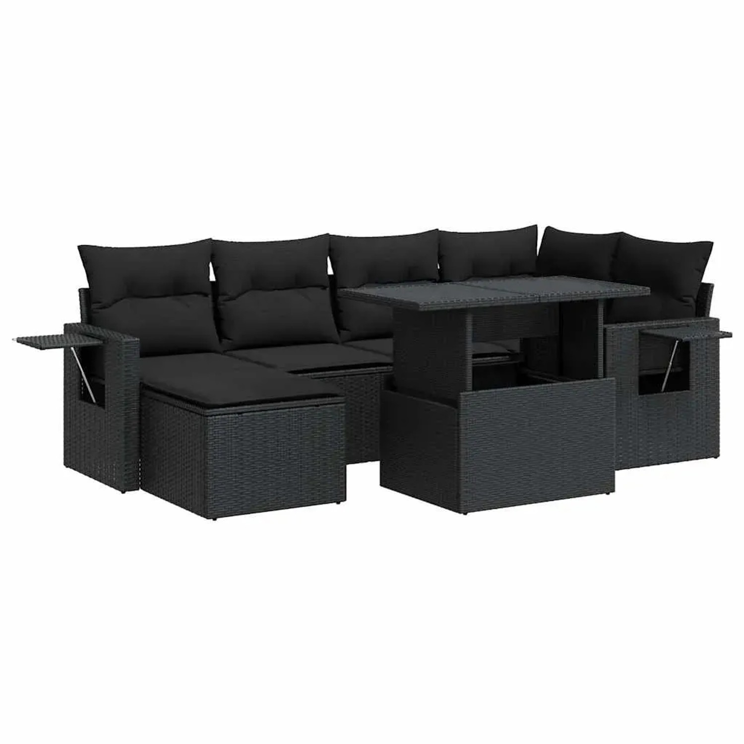 vidaXL 7-Tlg Garten-Sofagarnitur mit Kissen Schwarz Poly Rattan 3326506