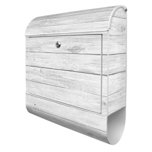 Weißer Banjado Design Briefkasten mit Zeitungsfach und Holzmaserung. Pulverbeschichtet, 39x47x14cm.