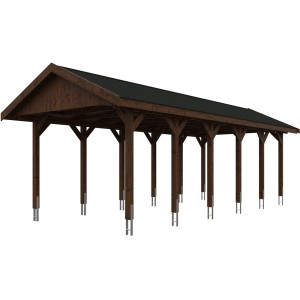 Satteldach-Carport Wallgau in Nussbaum mit schwarzen Dachschindeln, stabile Holzkonstruktion.
