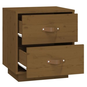 Nachttisch aus Kiefernholz, honigbraun, mit zwei offenen Schubladen und Griffen.