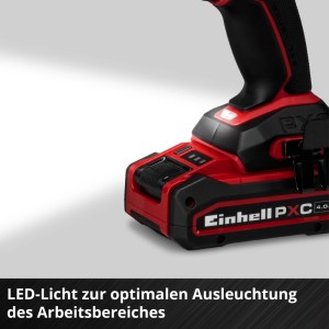 Einhell Akku-Bohrschrauber mit leuchtendem LED-Licht, das den Arbeitsbereich erhellt. Roter Akkuschrauber.