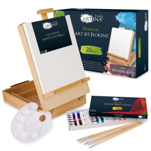 Artina Florence Staffelei-Set, 28-teilig mit Acrylfarben, Leinwand, Pinsel und Palette.