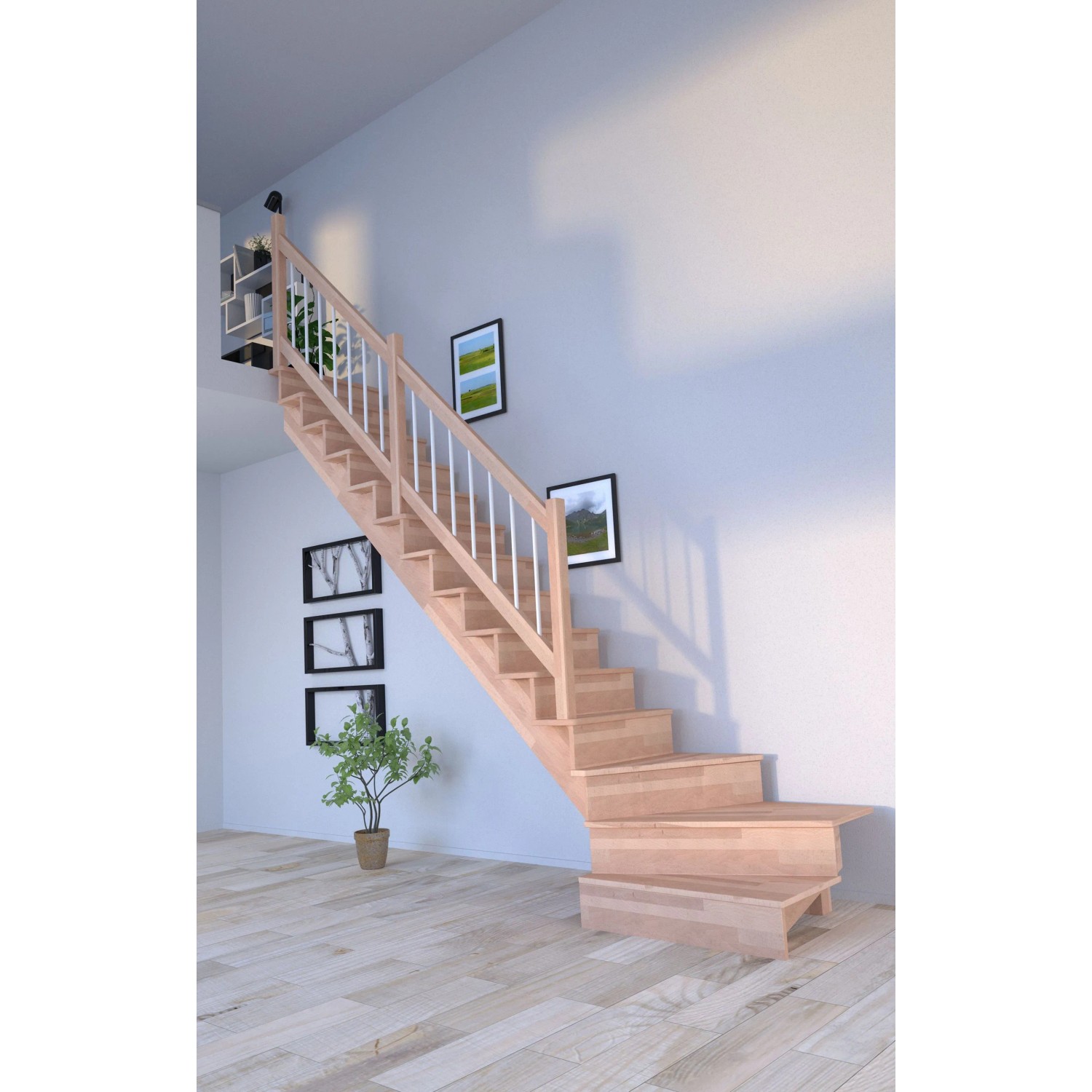 Buche Treppe Lindos Pro, gewendelt, mit Holz-Edelstahl-Geländer (weiß) und Setzstufen, 80 cm breit.