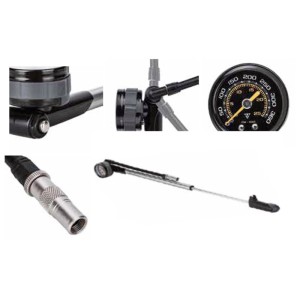 Topeak Pocket Shock DXG Handpumpe, silber, mit Manometer, flexiblem Schlauch und Ventilanschluss. Präzise Dämpferpumpe.