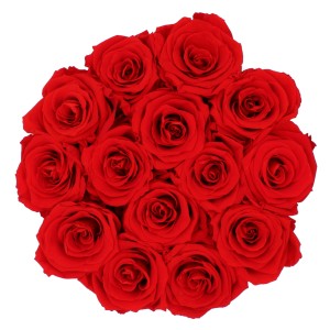 Rosenbox mit 14 roten Rosen (Ø 19cm) in weiß-silberner Box. Blumenstrauß für besondere Anlässe.