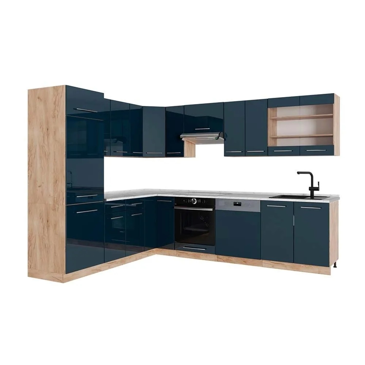 Vicco Eckküche Fame-Line Dunkelblau Hochglanz/Goldkraft Eiche 287 x 82, AP Marmor