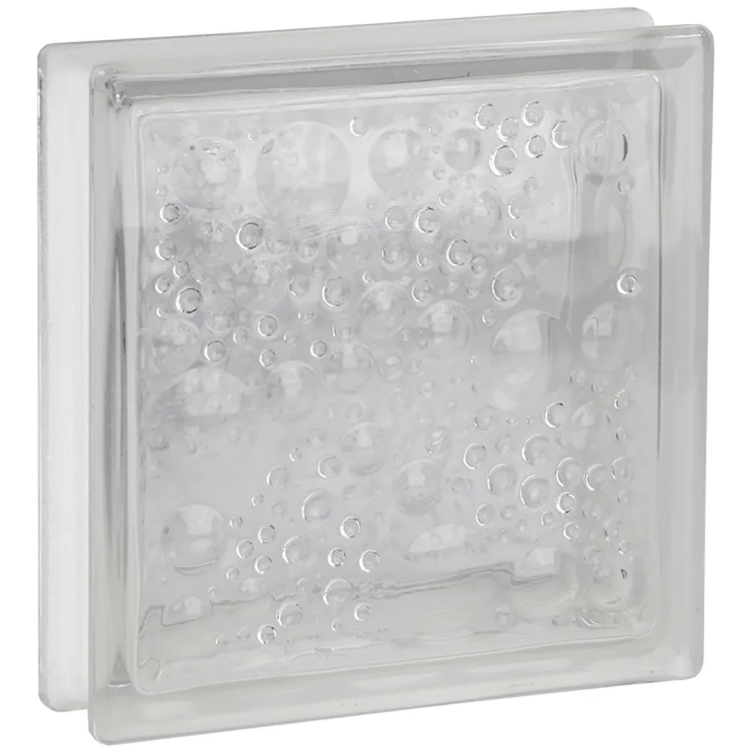 Weißer Glasstein Savona, 19x19x5 cm, einseitig satiniert, mit Wassertropfen-Optik für Bad und Dusche.