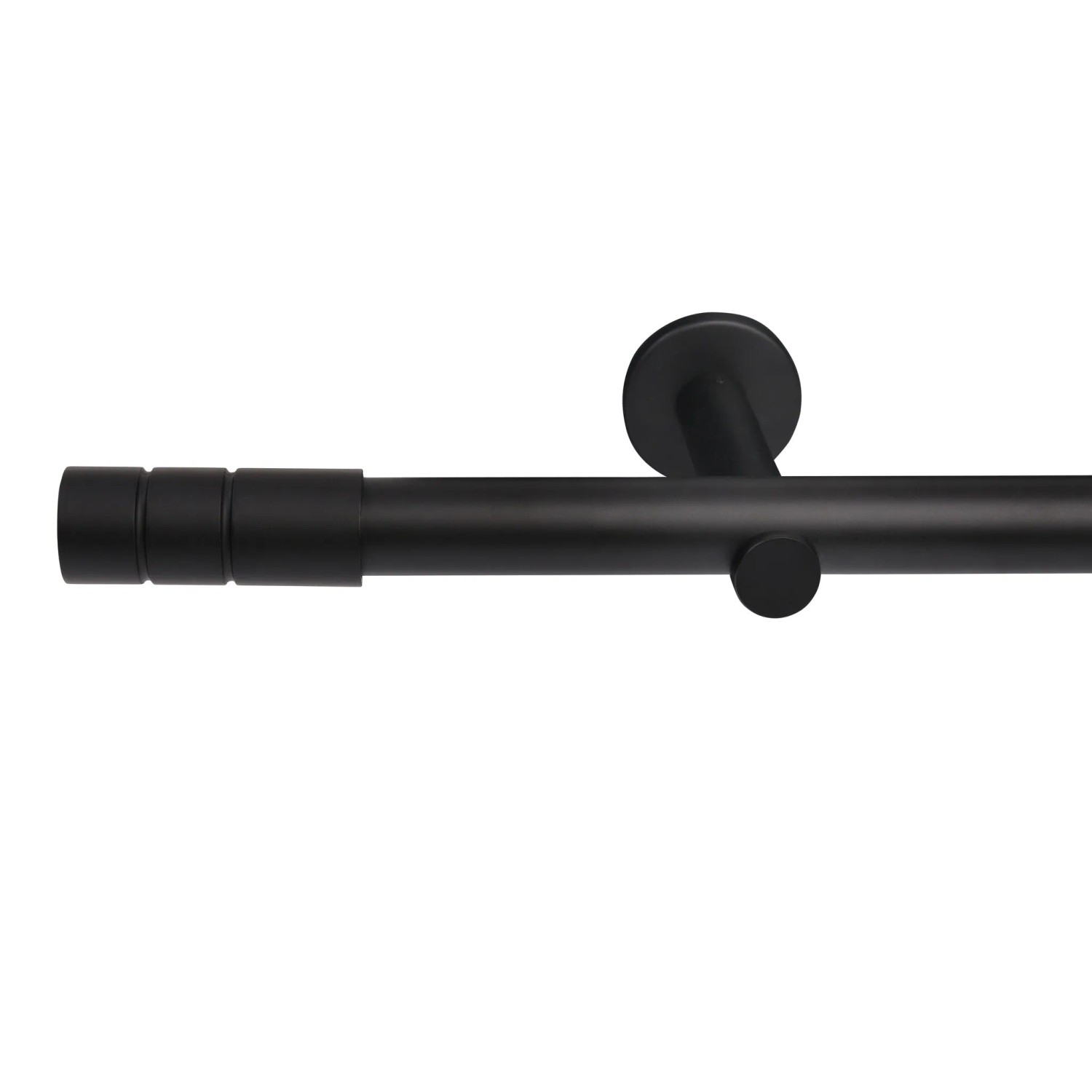 Schwarze Deco-Raum Gardinenstange Zylinder, 25mm Durchmesser, Detailaufnahme von Endstück und Halterung.