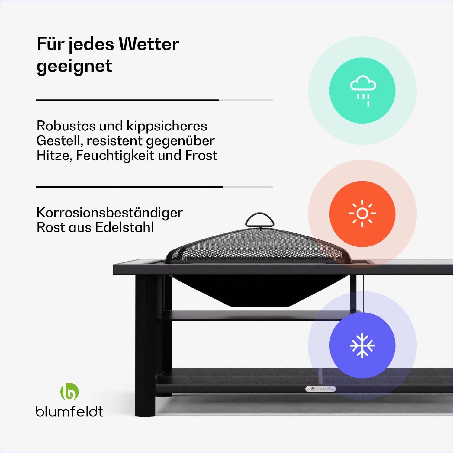 Detailaufnahme der Blumfeldt Merano Avanzato L 3-in-1 Feuerschale mit Grillfunktion und Tisch in Weiß. Wetterfestes Design.