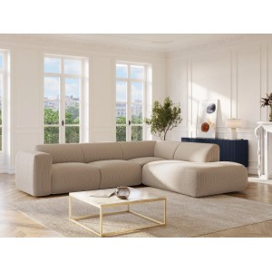 Beiges Ecksofa Pogni mit Recamiere für 6 Personen im modernen Wohnzimmer. Samt-Stoff, 269 cm.