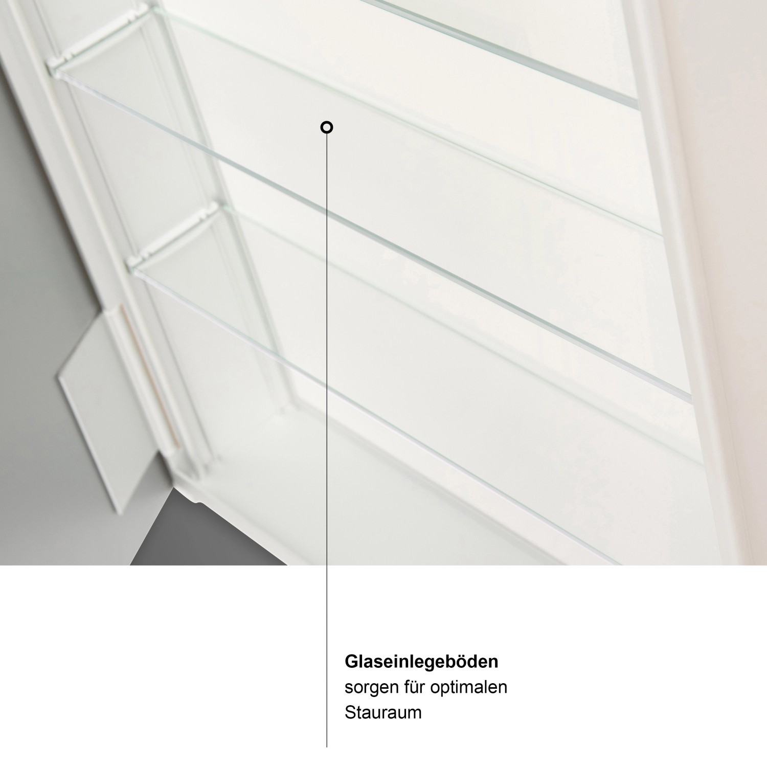Detailaufnahme: Glasböden im Alufarbenen DSK Spiegelschrank Vegas, für optimalen Stauraum.