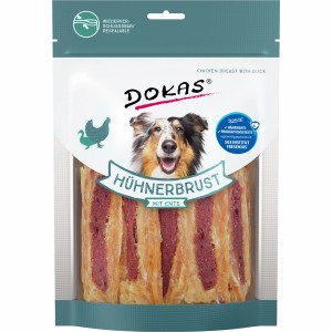 Dokas Hühnerbrust mit Ente, 220g, Hunde-Snack im wiederverschließbaren Beutel.