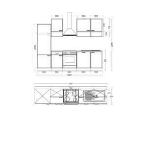 Maßzeichnung der Flex-Well Küchenzeile Creso 270 cm mit Front- und Draufsicht, inkl. Herd, Spüle, Dunstabzugshaube.