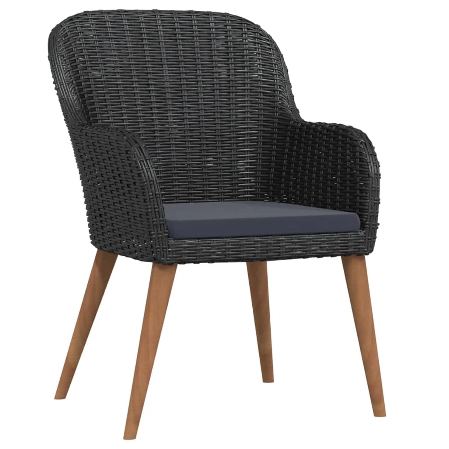 Schwarzer vidaXL Gartenstuhl aus Rattan mit dunklem Kissen und Holzbeinen.