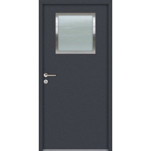 Anthrazitfarbene FM Türen Nebeneingangstür NBT56 K1 mit Fenster und Drückergarnitur.
