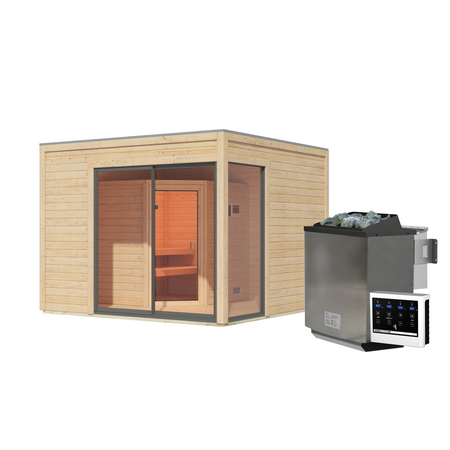 Karibu Saunahaus Cubulis 1 Var. A Naturbelassen mit Ofen 9 kW Bio ext. Steuerung
