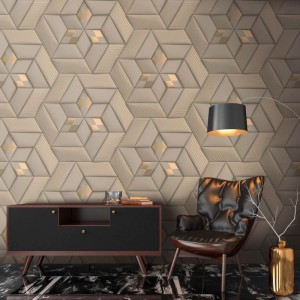 PROFHOME Fototapete mit geometrischem Muster in Grau, Taupe und Bronze. Größe: 1,59 m x 2,8 m.