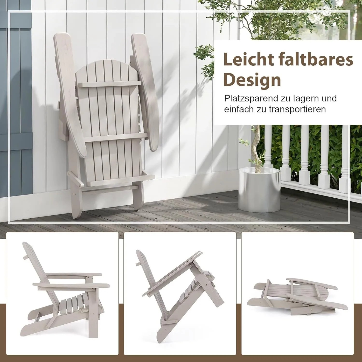 Grauer klappbarer Adirondack Gartenstuhl aus Holz, platzsparend gefaltet an einer Wand. Ideal für Terrasse & Garten.