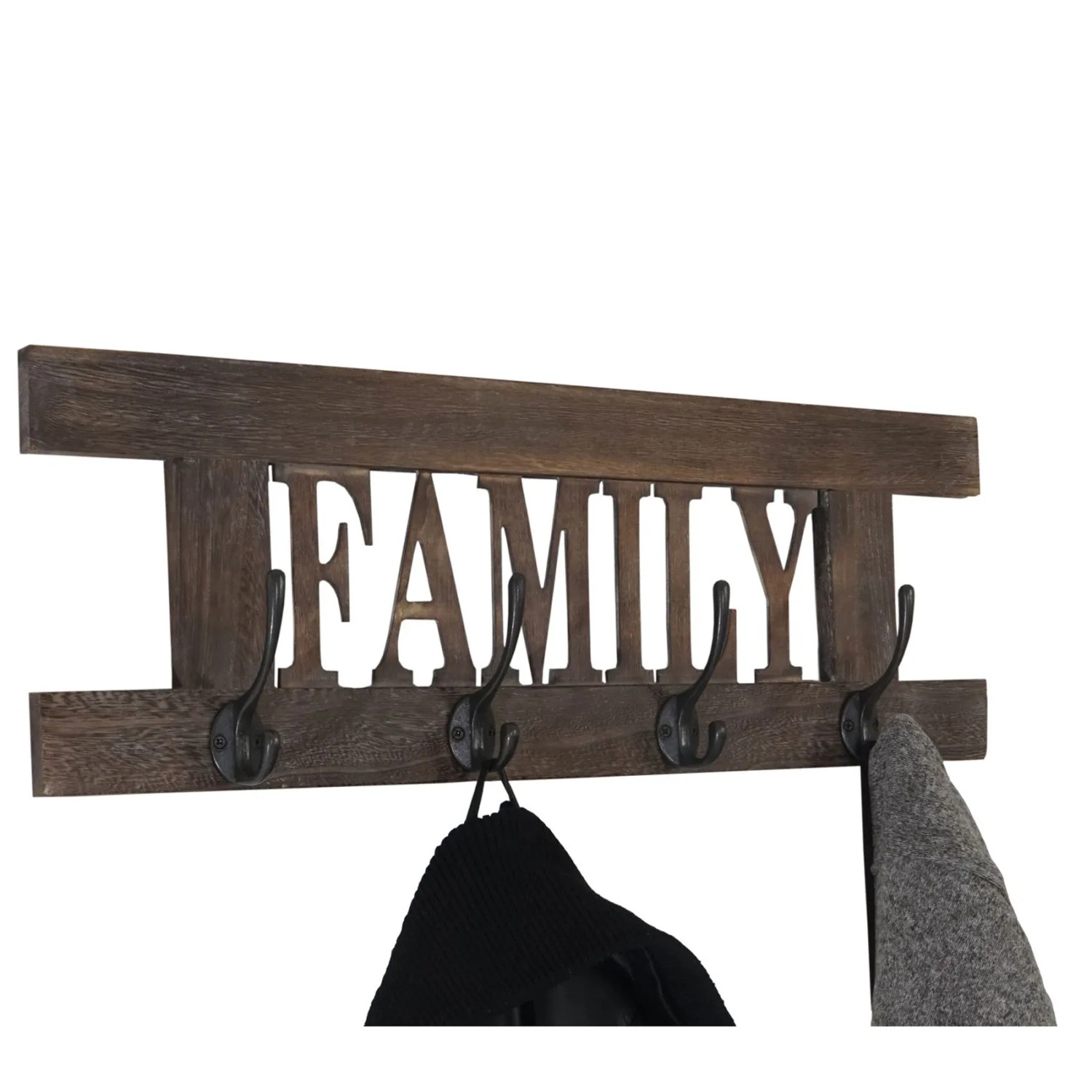 Wandgarderobe C60 Family im Shabby-Look Braun mit 4 Haken und Schriftzug "Family".