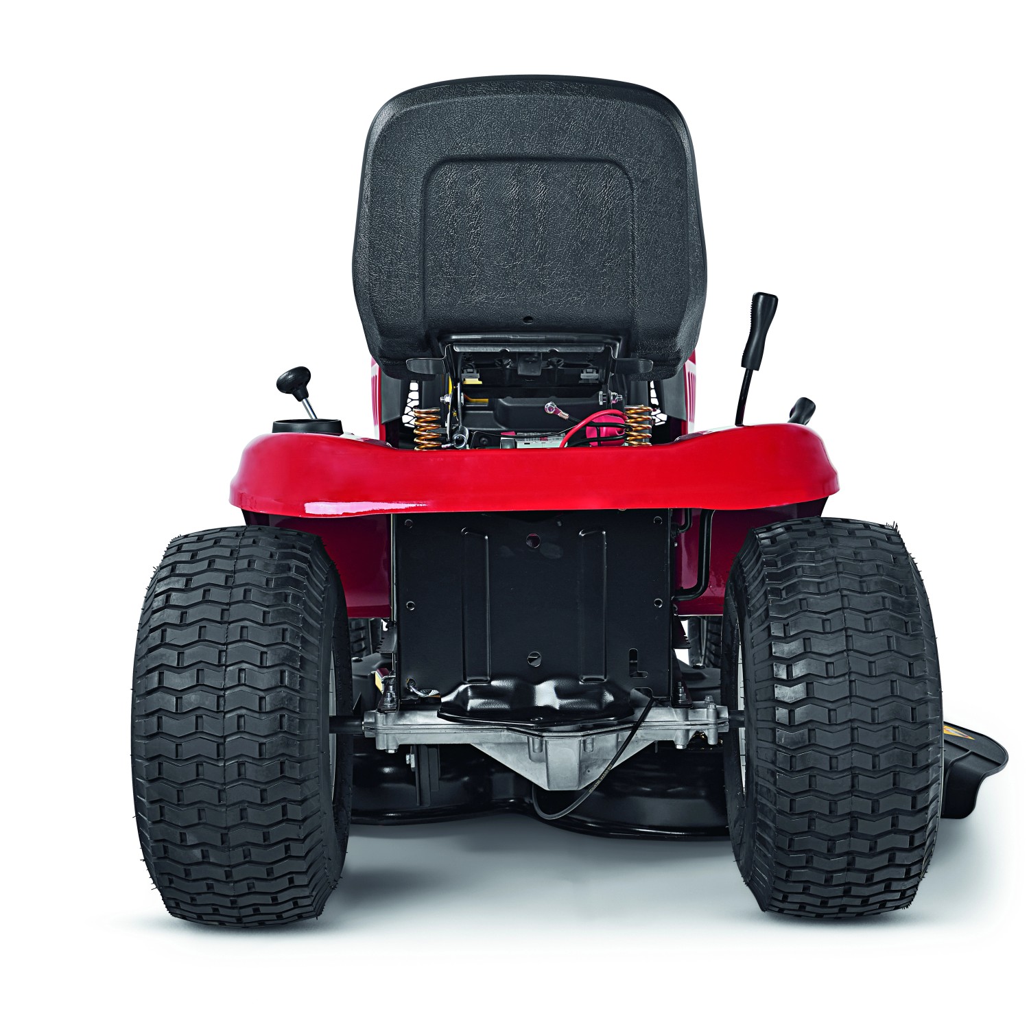 Roter Troy-Bilt Rasentraktor Pony 92T-S, Ansicht von hinten mit Sitz und großen Reifen.