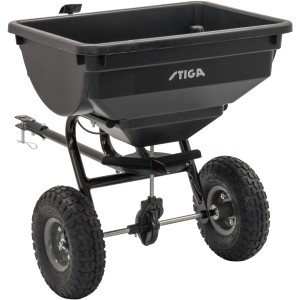 Schwarzer Alpina Düngerstreuer für Rasentraktoren, geeignet zum Düngen und Streuen.