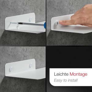 Schritte zur einfachen Wandmontage des weißen SOTECH HOVER-I Design Wandregals. Schrauben werden mit Abdeckkappen verdeckt.
