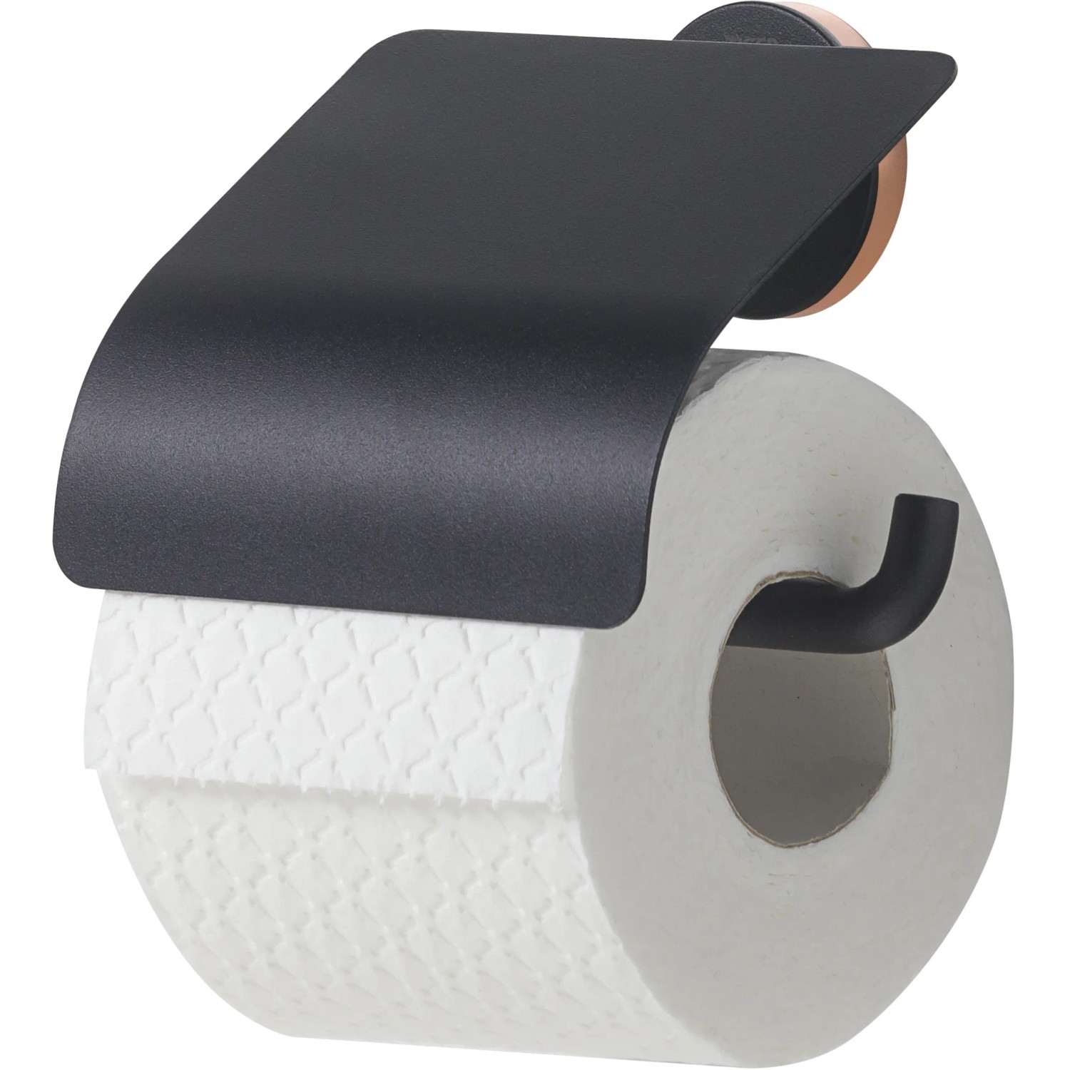 Schwarzer Tiger Toilettenpapierhalter Urban mit Deckel und optionalen Dekor-Ringen.